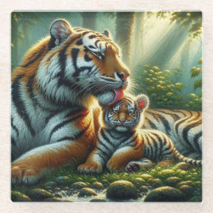 Tiger in Sonnenbeleuchtungs-Waldmalerei Glasuntersetzer