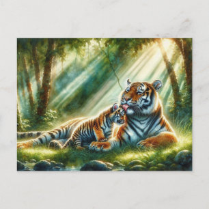 Tiger in Sonnenbeleuchtungs-Waldmalerei Postkarte