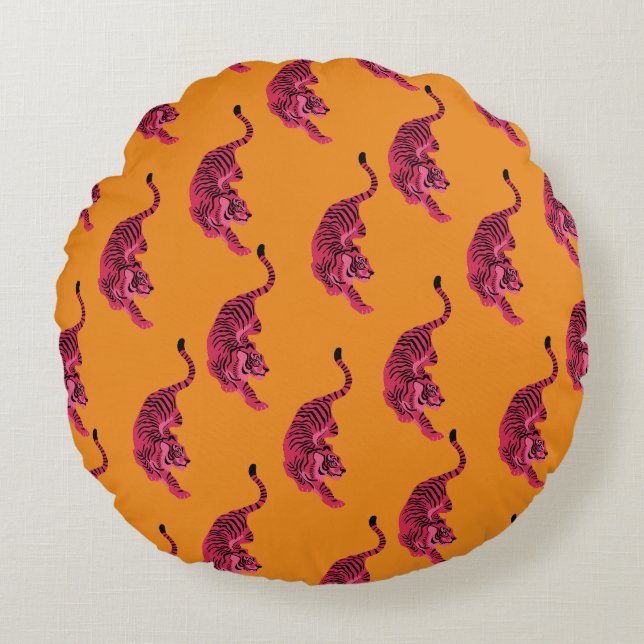 Tiger - Lebendiges Pink Rundes Kissen (Vorderseite)