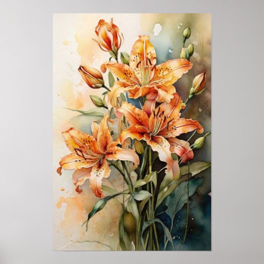 Tiger Lily Watercolor Blume - Blumenmuseum Poster (Vorne)