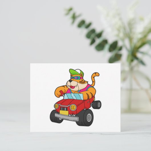 Tiger mit Auto Postkarte (Stehend Vorderseite)