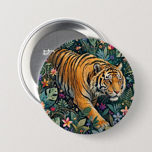 Tiger mit Bernstein-Augen Fantasy-Dschungelflora Button (Vorne & Hinten)