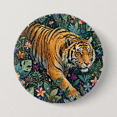 Tiger mit Bernstein-Augen Fantasy-Dschungelflora Button (Vorderseite)