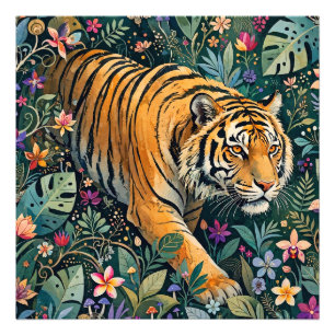 Tiger mit Bernstein-Augen Fantasy-Dschungelflora Fotodruck