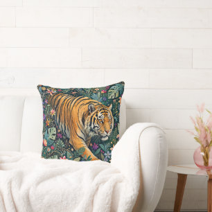 Tiger mit Bernstein-Augen Fantasy-Dschungelflora Kissen