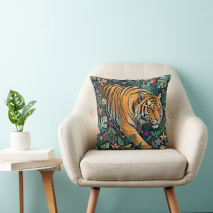 Tiger mit Bernstein-Augen Fantasy-Dschungelflora Kissen