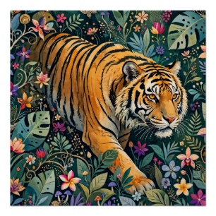 Tiger mit Bernstein-Augen Fantasy-Dschungelflora Poster