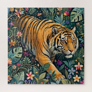 Tiger mit Bernstein-Augen Fantasy-Dschungelflora Puzzle