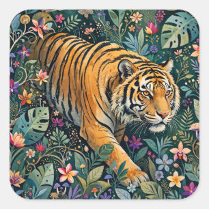 Tiger mit Bernstein-Augen Fantasy-Dschungelflora Quadratischer Aufkleber