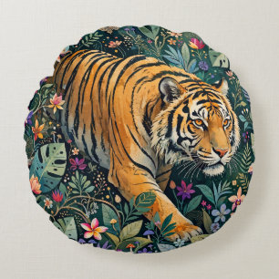 Tiger mit Bernstein-Augen Fantasy-Dschungelflora Rundes Kissen