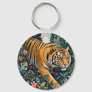 Tiger mit Bernstein-Augen Fantasy-Dschungelflora Schlüsselanhänger