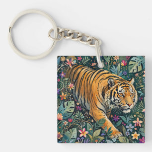 Tiger mit Bernstein-Augen Fantasy-Dschungelflora Schlüsselanhänger