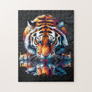 Tiger mit Blick auf Reflektion im Wasser Puzzle
