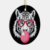 Tiger mit Brille und blühendem rosafarbenem Kaugum Keramik Ornament (Rechts)