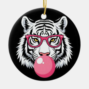 Tiger mit Brille und blühendem rosafarbenem Kaugum Keramik Ornament