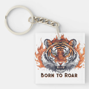 Tiger mit Flammen - Anpassbarer Text Schlüsselanhänger