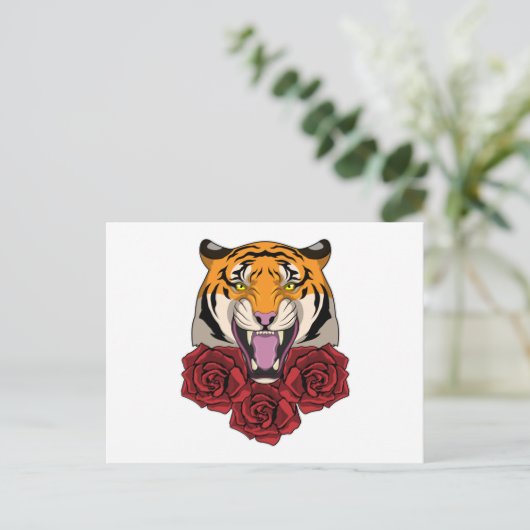 Tiger mit Rose Postkarte (Stehend Vorderseite)