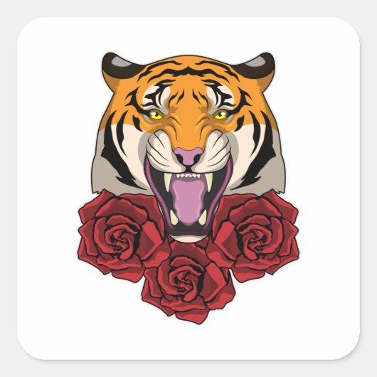 Tiger mit Rose Quadratischer Aufkleber (Vorderseite)