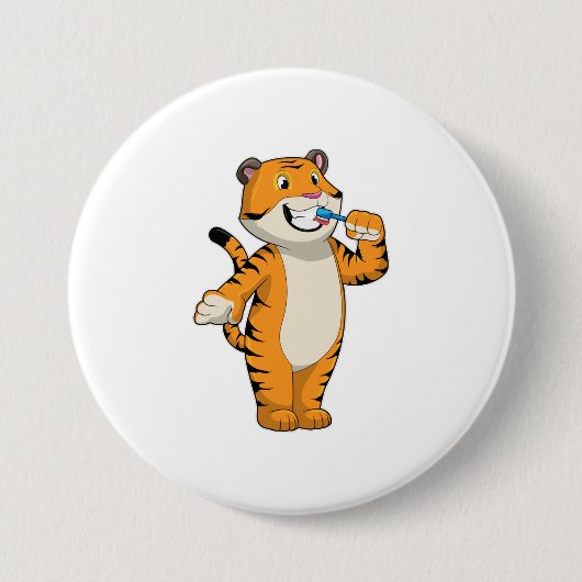 Tiger mit Zahnbürste Button (Vorderseite)