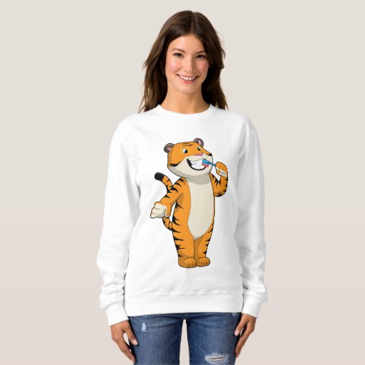 Tiger mit Zahnbürste Sweatshirt (Vorne ganz)