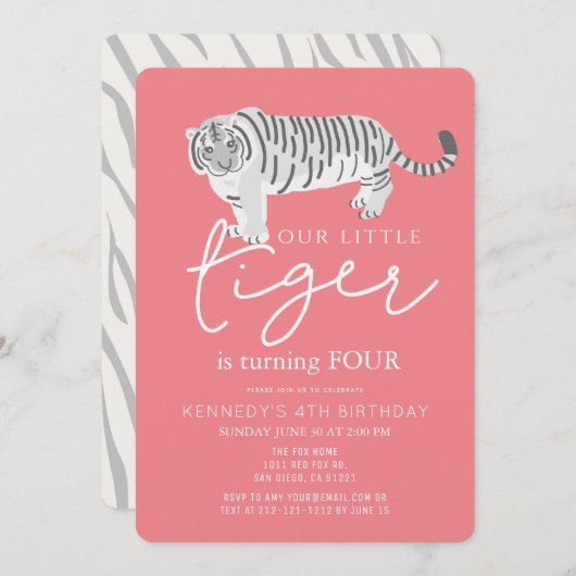 Tiger Modern Pink Kindergeburtstag Einladung (Vorne/Hinten)