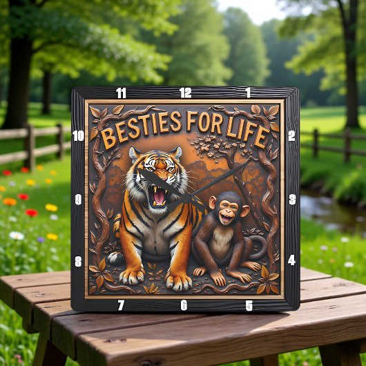 Tiger Monkey Besties Jungle Quadratische Wanduhr