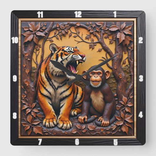 Tiger Monkey Jungle Carved Quadratische Wanduhr (Vorderseite)