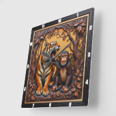 Tiger Monkey Jungle Carved Quadratische Wanduhr (Winkel)