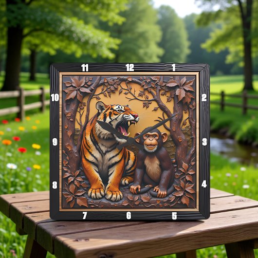 Tiger Monkey Jungle Carved Quadratische Wanduhr