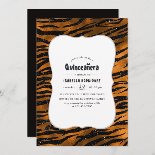 Tiger-Muster Quinceanera, schwarz und Kupfer Einladung (Vorne/Hinten)