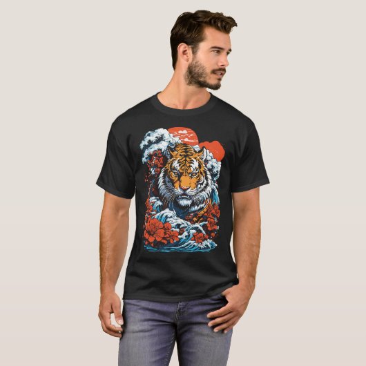 Tiger Ozean 1 Japanischer Stil Schwarz T-Shirt (Vorne ganz)