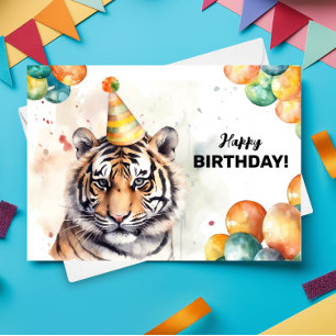 Tiger Party Hat Watercolor Portrait Happy Birthday Karte