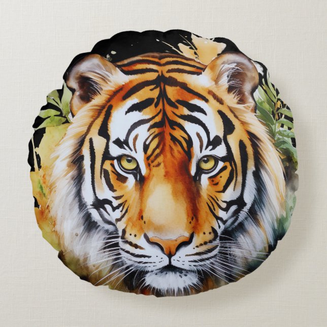 Tiger Pastel Blume Safari Watercolor Savannah Rundes Kissen (Vorderseite)
