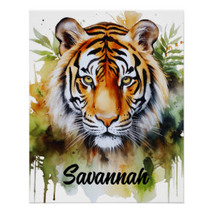 Tiger Pastell Blumen Safari Aquarell Savanne Poster