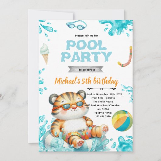 Tiger Pool Party Birthday Invitation Einladung (Vorderseite)