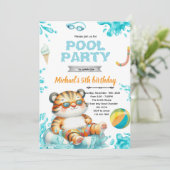Tiger Pool Party Birthday Invitation Einladung (Stehend Vorderseite)