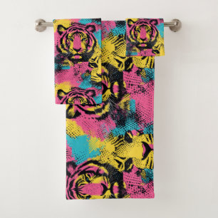 Tiger Pop Art Muster in Rosa, Gelb und Blau Badhandtuch Set