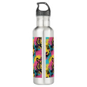 Tiger Pop Art Muster in Rosa, Gelb und Blau Edelstahlflasche (Rückseite)