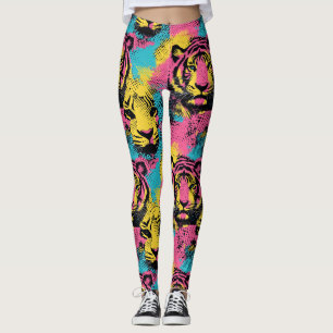 Tiger Pop Art Muster in Rosa, Gelb und Blau Leggings