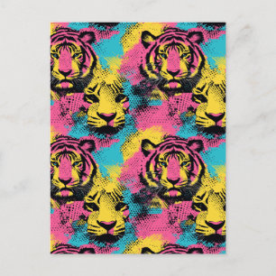 Tiger Pop Art Muster in Rosa, Gelb und Blau Postkarte