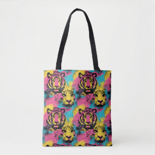 Tiger Pop Art Muster in Rosa, Gelb und Blau Tasche