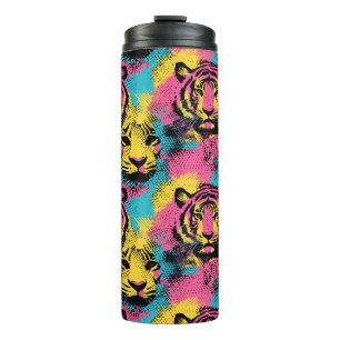 Tiger Pop Art Muster in Rosa, Gelb und Blau Thermosbecher