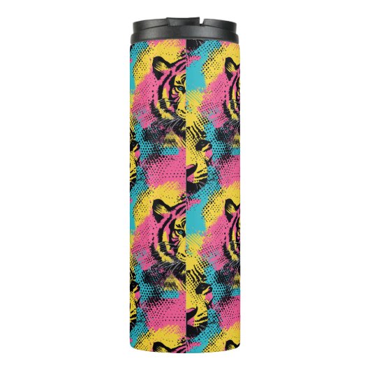Tiger Pop Art Muster in Rosa, Gelb und Blau Thermosbecher (Rückseite)