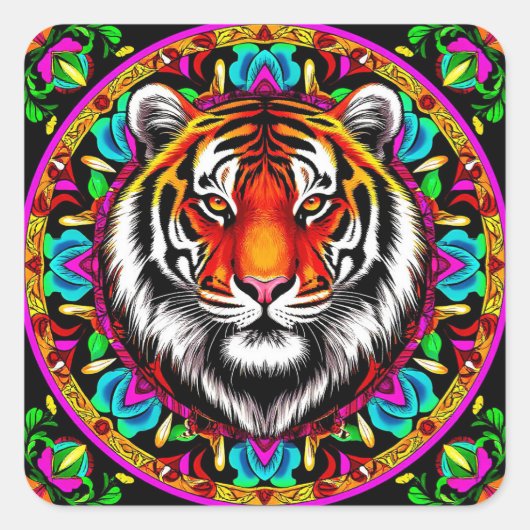 Tiger Portrait mit Mandala Design Quadratischer Aufkleber (Vorderseite)