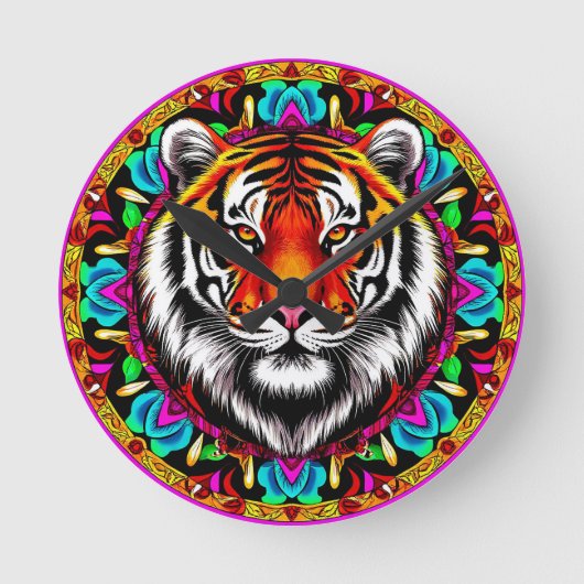 Tiger Portrait mit Mandala Design Runde Wanduhr (Vorderseite)