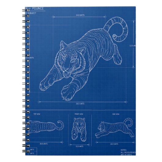 Tiger Pounce Blueprint – Technical Line Art Poster Notizblock (Vorderseite)