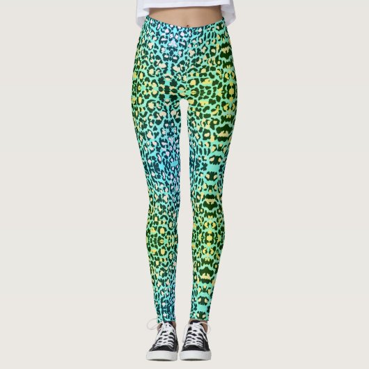 Tiger Print, grün und blau Leggings (Vorderseite)