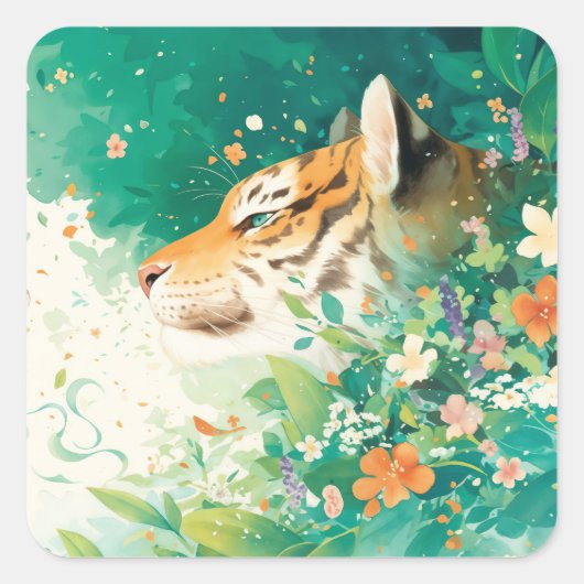Tiger-Profil schaut durch botanischen Garten Quadratischer Aufkleber (Vorderseite)