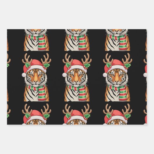 Tiger Reindeer Weihnachtsmannmütze Weihnachten Wei Geschenkpapier Set (Vorderseite)