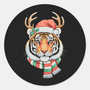 Tiger-Rentier-Weihnachten-Santa-Hut-Xmas-Feiertag Runder Aufkleber